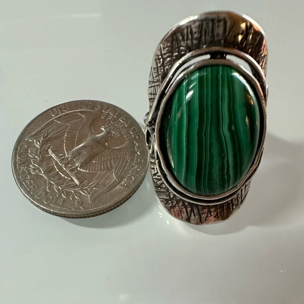 Passage Israel Signed 925 Sterling Silver Malachite Boho Statement Ring Size 6